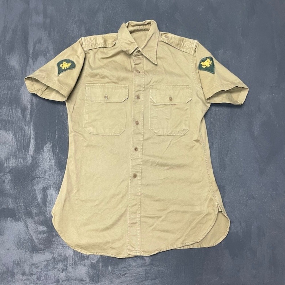 Vintage‎ US Army Military Khaki Shirt 14.5 Tan 1950s Good Specialist Patches
